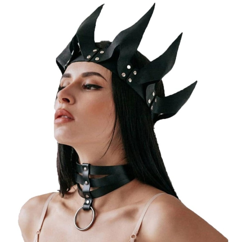 🆕 Black Leather Crown Devil Masquerade Face Mask Slave Bondage BDSM Costume NEW - Picture 4 of 5
